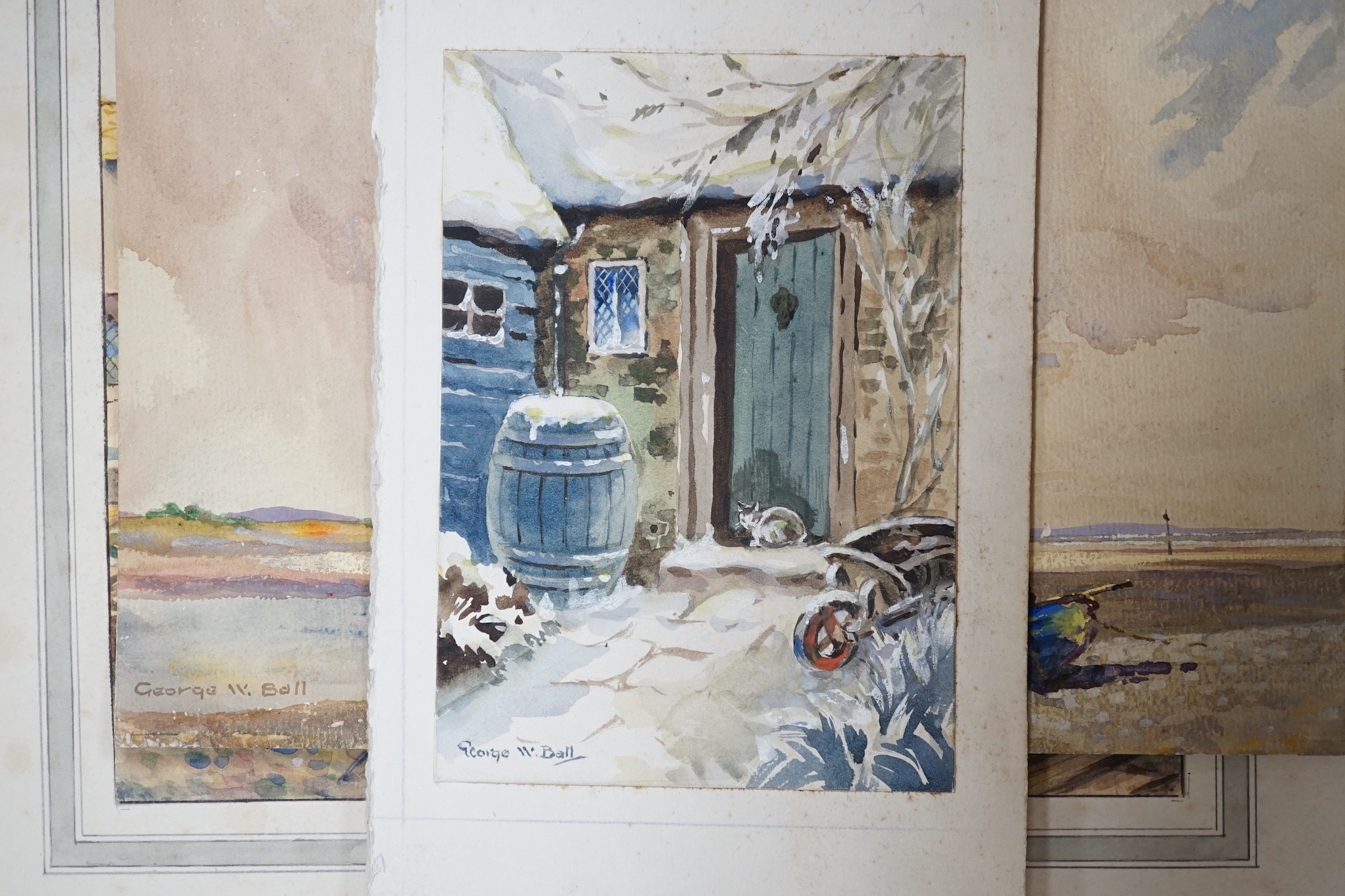 George W. Ball, three watercolour postcard designs, 'The old cottage doorway', 'Estuary, North Wales' and 'An old harbour', largest 18 x 23cm and a Francis Bolton watercolour, View of Criccieth Castle, North Wales', 18 x